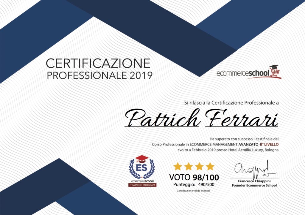 2)Certificazione Corso Ecommerce Management di II livello - Patrich Ferrari