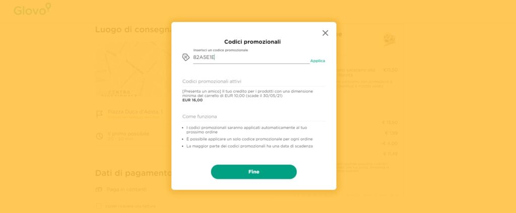 codice promo Glovo